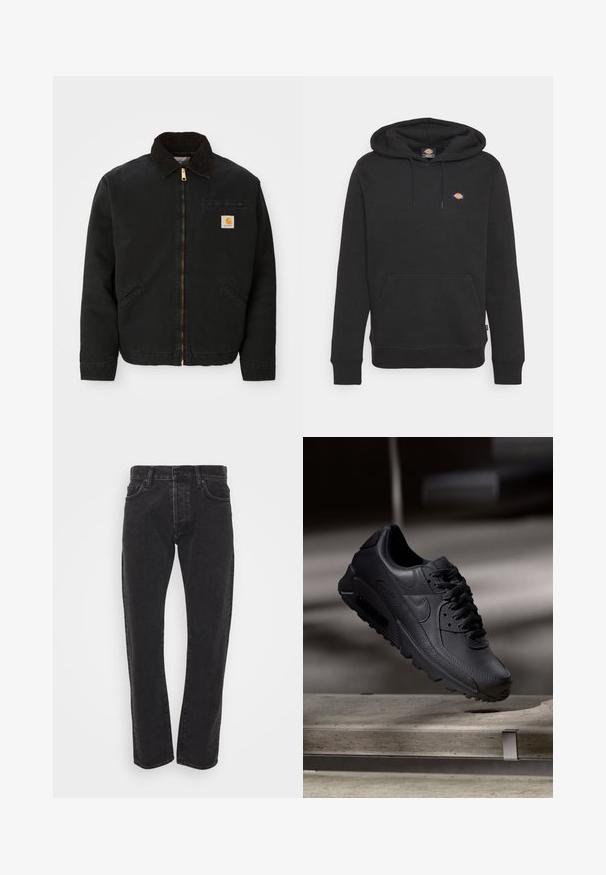 Čierna zipsová bunda s hnedým kordovým golierom, dvoma bočnými vreckami a malou štvorcovou nášivkou s logom Carhartt na ľavej hrudi.; Čierna mikina s kapucňou vyrobená z bavlny, s klokannou kapsou, sťahovacou kapucňou, rebrovanými manžetami a malým logom na hrudi. Jednoduchý dizajn.; Pánske čierne rovné džínsy so zapínaním na gombík a zips, piatimi vreckami a pútkami na opasok na jednoduchom bielom pozadí.; Čierne tenisky Nike Air Max s textúrovaným koženým zvrškom, gumovou podrážkou a výrazným šnurovacím systémom, ktoré predvádzajú štýlový, moderný dizajn.