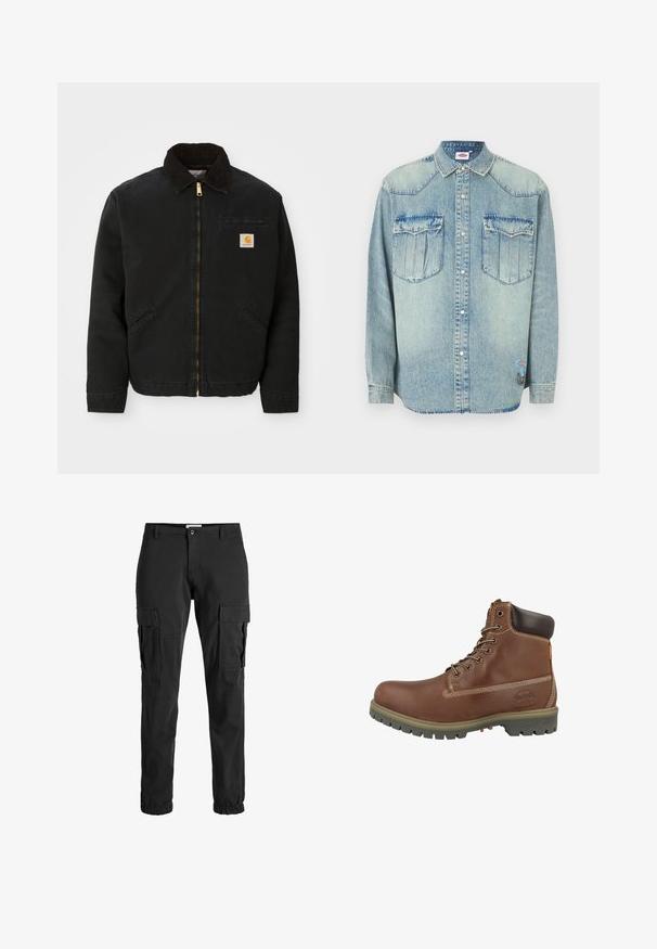 Veste noire à zip avec un col en velours côtelé marron, deux poches latérales et un petit patch carré avec le logo Carhartt sur la poitrine gauche.; Chemise en denim bleu clair à manches longues, fermeture à boutons-pression, col pointu, deux poches poitrine et écusson de la marque sur le côté inférieur.; Pantalons cargo noirs au design fuselé, avec plusieurs poches latérales, des poignets élastiques et une texture de tissu robuste.; Bottine en cuir marron avec un bout rond, un col rembourré, des coutures blanches et une semelle en caoutchouc avec motif antidérapant.