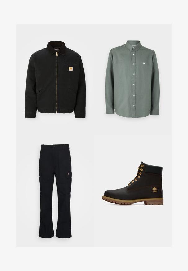 Čierna zipsová bunda s hnedým kordovým golierom, dvoma bočnými vreckami a malou štvorcovou nášivkou s logom Carhartt na ľavej hrudi.; Zelená košeľa s dlhým rukávom vyrobená z bavlny, s golierom na gombíky, predným zapínaním na gombíky a malým bielym logom na hrudi.; Čierne cargo nohavice so vzorom rovného strihu, vyrobené z odolnej tkaniny, s bočnými vreckami a nášivkou logo na ľavej strane.; Čierne kožené členkové topánky so zlatými očkami, hnedými akcentmi a gumovou podrážkou. Majú polstrovaný golier a embosované logo na boku.