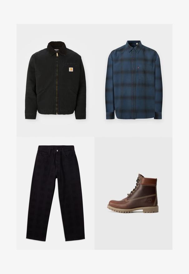 Čierna zipsová bunda s hnedým kordovým golierom, dvoma bočnými vreckami a malou štvorcovou nášivkou s logom Carhartt na ľavej hrudi.; Modrá košeľa na zapínanie s dlhými rukávmi, jemný tmavý kockovaný vzor, jedna náprsní vrecko a golier na zapínanie na gombíky.; Čierne džínsové nohavice s voľným strihom, vybavené zapínaním na gombíky, dizajnom s piatimi vreckami a jemným textúrovaným vzorom na látke.; Hnedé kožené čipkovacie členkové topánky s polstrovaným golierom, kontrastným prešívaním a robustnou podrážkou, zobrazené z vonkajšej strany na bielom pozadí.