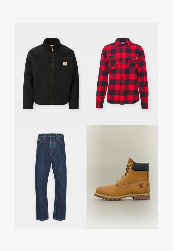 Veste noire à zip avec un col en velours côtelé marron, deux poches latérales et un petit patch carré avec le logo Carhartt sur la poitrine gauche.; Chemise en flanelle à carreaux rouge et noir avec des manches longues, deux poches poitrine et une fermeture à boutons, dotée d'un col classique et d'un tissu texturé.; Jean droit bleu foncé avec bouton devant, fermeture éclair et poches, présenté sur fond blanc.; Bottine en cuir marron avec col noir, lacets jaunes et semelle beige. Présente un logo et des détails de couture blanche. Semelle extérieure à traction robuste.
