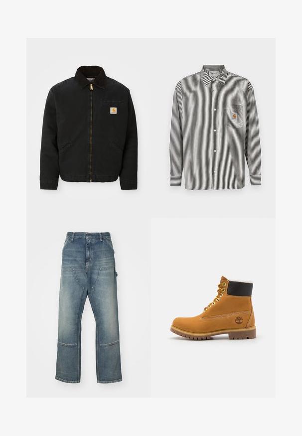 Čierna zipsová bunda s hnedým kordovým golierom, dvoma bočnými vreckami a malou štvorcovou nášivkou s logom Carhartt na ľavej hrudi.; Čierno-biela vertikálne pruhovaná košeľa s dlhým rukávom a golierom na zapínanie. Obsahuje náprsné vrecko s béžovým logom.; Svetlo modré džiny s voľným strihom, vyrobené z denimu. Majú široké nohavice, veľké predné vrecká a kontrastné švy.; Hnedé kožené ankle boot s kovovými očkami, bielym kožúškom vo vnútri, čiernym vypolstrovaným golierom, robustnou podrážkou a vyrazeným logom na boku.
