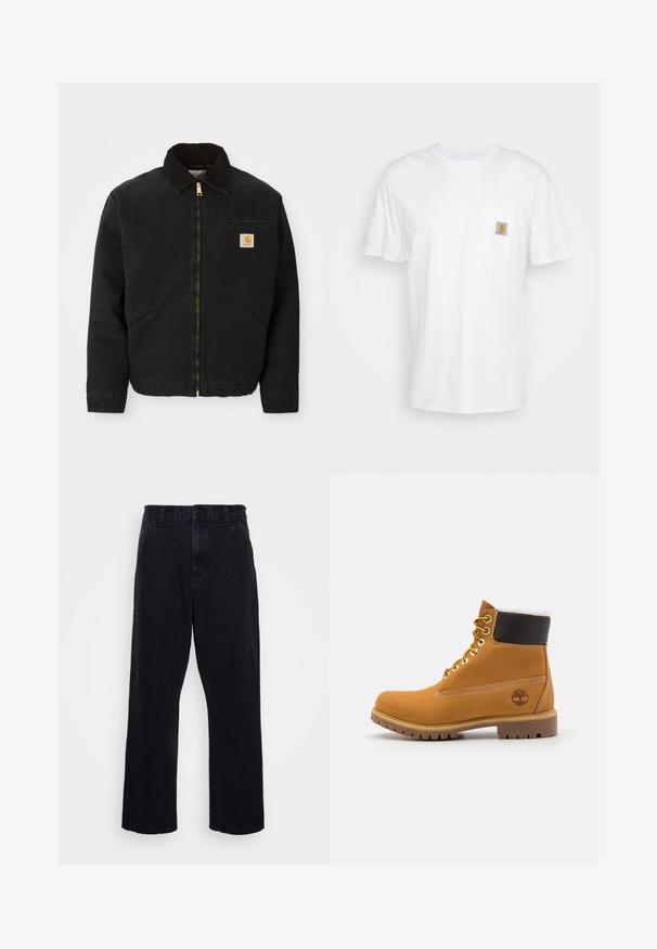 Veste noire à zip avec un col en velours côtelé marron, deux poches latérales et un petit patch carré avec le logo Carhartt sur la poitrine gauche.; T-shirt en coton blanc à manches courtes, avec une poche poitrine et un petit patch logo carré en orange et blanc sur la poche.; Pantalons en denim noir avec une coupe droite, dotés d'une fermeture à bouton et à zip, de passants de ceinture et de coutures minimales.; Bottine en cuir brun avec œillets en métal, doublure en fourrure blanche, col rembourré noir, semelle robuste et logo en relief sur le côté.