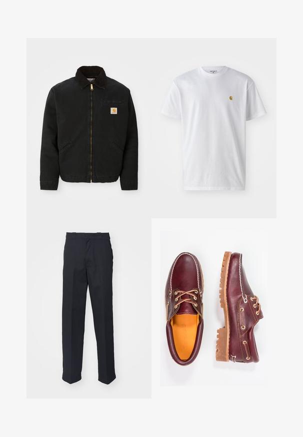 Veste noire à zip avec un col en velours côtelé marron, deux poches latérales et un petit patch carré avec le logo Carhartt sur la poitrine gauche.; T-shirt en coton blanc à manches courtes, col rond, avec un petit logo doré sur la poitrine gauche. Texture douce et coupe régulière.; Pantalons noirs sur mesure avec une coupe droite, en tissu lisse, dotés d'une taille avec passants et sans motifs ni pièces métalliques visibles.; Chaussures en cuir bourgogne avec semelles en caoutchouc marron, bout rond, couture blanche et œillets dorés. L'intérieur présente une doublure jaune.