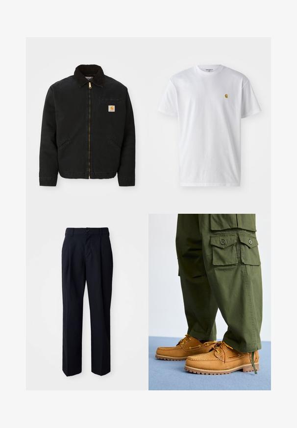 Čierna zipsová bunda s hnedým kordovým golierom, dvoma bočnými vreckami a malou štvorcovou nášivkou s logom Carhartt na ľavej hrudi.; Biele bavlnené tričko s krátkymi rukávmi, okrúhlym výstrihom, s malým zlatým logom na ľavej strane hrude. Mäkká textúra a normálny strih.; Čierne nohavice so stretnutým strihom, vyrobené z hladkého materiálu. Majú zapínanie na gombík v páse, pútka na opasok a skladané predné detaily pre štruktúru.; Timberland AUTHENTIC 3 EYE - Jachtárska obuv - wheat