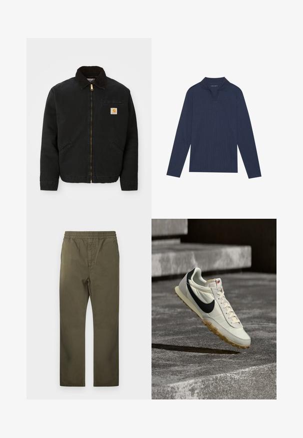 Čierna zipsová bunda s hnedým kordovým golierom, dvoma bočnými vreckami a malou štvorcovou nášivkou s logom Carhartt na ľavej hrudi.; Námornícky dlhý rukáv polo tričko s ryhovanou textúrou, skladaným golierom a výstrihom do V. Obsahuje jemné logo na golieri.; Olivovo zelené nohavice s rovnými nohavicami, elastickým pásom a viditeľným predným švom, zobrazené na bielom pozadí.; Biely a čierny teniska značky Nike s podrážkou farby žuvačky, visiaca nad betónovými schodmi, osvietená prirodzeným slnečným svetlom.