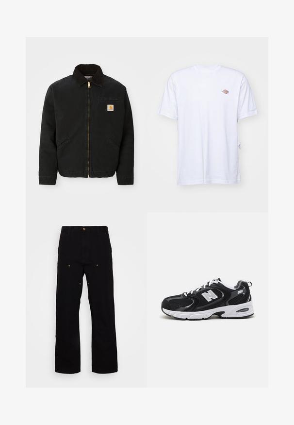 Veste noire à zip avec un col en velours côtelé marron, deux poches latérales et un petit patch carré avec le logo Carhartt sur la poitrine gauche.; T-shirt en coton blanc avec un col en V et des manches courtes. Présente un petit logo coloré brodé sur la poitrine gauche. Texture douce.; Pantalons en denim noir avec une coupe droite, présentant des accents en métal doré et des coutures visibles sur les poches avant et arrière.; Baskets de sport noires et grises avec un tige en mesh et en suède, présentant une semelle intermédiaire blanche, des lacets et un logo "N" audacieux sur le côté.