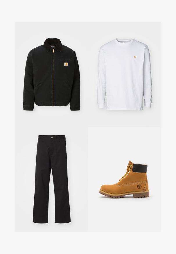 Čierna zipsová bunda s hnedým kordovým golierom, dvoma bočnými vreckami a malou štvorcovou nášivkou s logom Carhartt na ľavej hrudi.; Biely tričko s dlhým rukávom z bavlny. Na hrudi má malé zlaté logo a okrúhly výstrih. Jednoduchý dizajn a štandardný strih.; Čierne nohavice vyrobené z odolnej látky so zarovnaným strihom, s predným zapínaním na gombík, pások na opasok a bez viditeľných vzorov alebo akcentov.; Hnedé kožené ankle boot s kovovými očkami, bielym kožúškom vo vnútri, čiernym vypolstrovaným golierom, robustnou podrážkou a vyrazeným logom na boku.