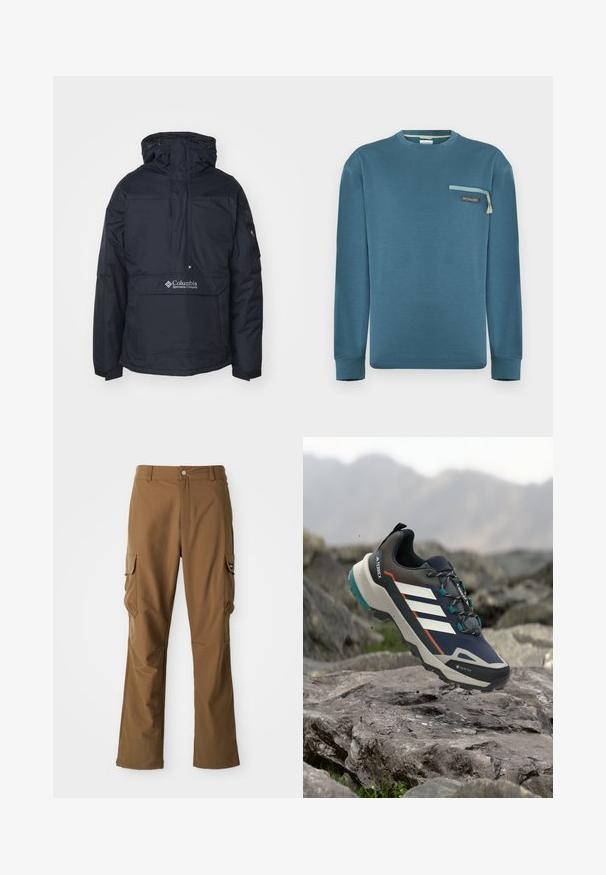 Veste à capuche noire avec poche frontale, cordons de serrage ajustables et détail de logo sur le bas à l'avant. Tissu durable et résistant à l'eau.; Sweat-shirt à manches longues couleur sarcelle avec col rond, poche poitrine zippée et écusson logo Columbia sur fond gris clair.; Pantalon cargo marron à coupe droite, avec deux poches latérales et une fermeture éclair. Fabriqué en tissu texturé avec une finition lisse.; Chaussure de randonnée Adidas Terrex bleue et grise avec des bandes blanches et Gore-Tex, suspendue au-dessus d'un terrain rocheux en plein air avec des montagnes en arrière-plan.