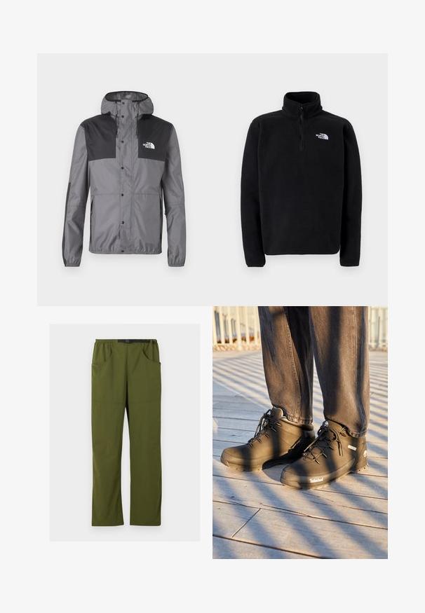 Vandafvisende jakke i grå med sorte accenter, der har hætte, trykknapper og en justerbar kant, lavet af letvægtsstof.; The North Face SHISPARE ZIP - Fleecetrøjer - black; Olivengrønne bukser med lige ben, elastisk talje og sort justerbart spændebælte, forlommer og sidelommer, detaljer med søm foran.; Sorte Timberland vandrestøvler har et højt design, struktureret overflade og runde snørebånd, sat mod en trægulv baggrund.