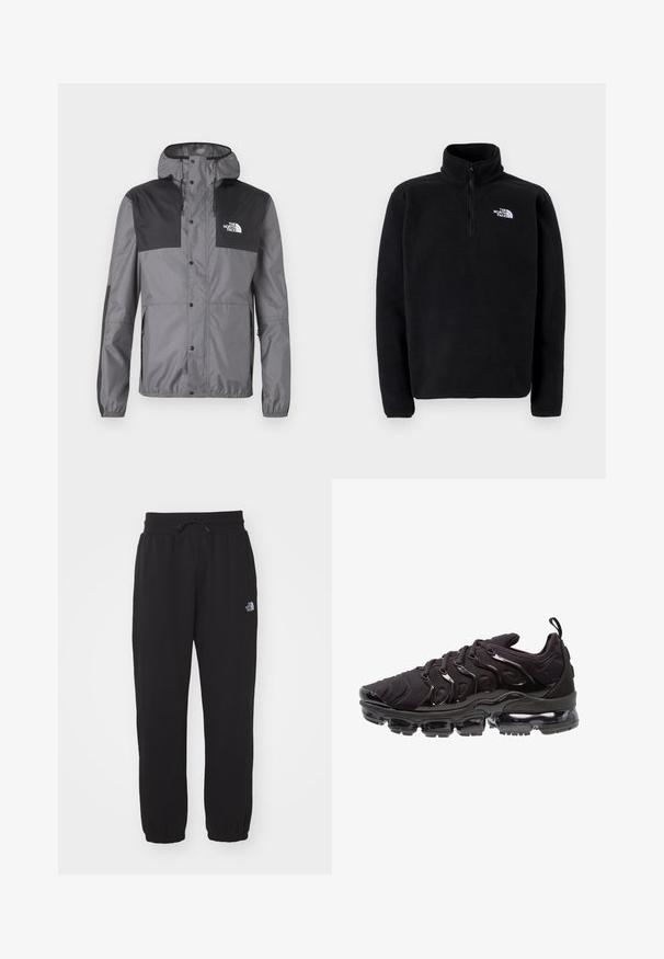 Wasserabweisende Jacke in Grau mit schwarzen Akzenten, ausgestattet mit einer Kapuze, Druckknöpfen und einem verstellbaren Saum, aus leichtem Material gefertigt.; The North Face SHISPARE ZIP - Fleecepullover - black; Schwarze Jogginghose aus weichem Stoff, mit einem elastischen Bund und Kordelzug, Bündchen an den Knöcheln und einem kleinen Logo am Oberschenkel.; Schwarze Sportschuhe mit einem strukturierten Obermaterial aus Stoff, glänzenden Akzenten und einer ausgeprägten Luftpolstersohle. Verfügt über auffällige wellenartige Designelemente.