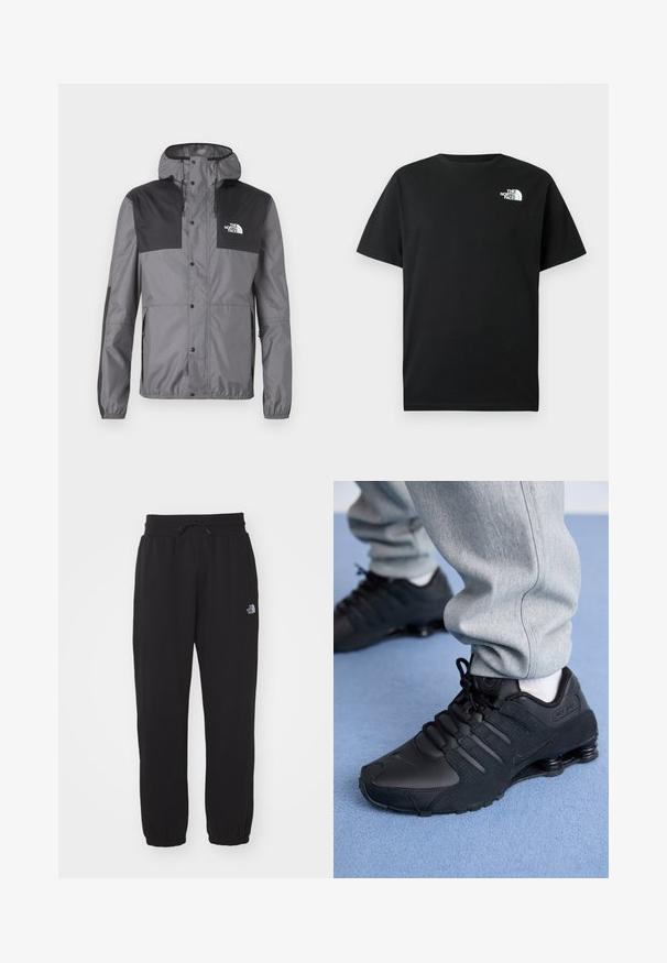 Vandafvisende jakke i grå med sorte accenter, der har hætte, trykknapper og en justerbar kant, lavet af letvægtsstof.; Sort bomulds-T-shirt med korte ærmer, rund hals og hvidt logo på venstre bryst. Enkel, ubesmykket design.; Sorte sweatpants lavet af blødt stof, med en elastisk talje med snor, manchetter ved anklerne og et lille logo på det øverste lår.; Person iført sorte Nike Shox sneakers og grå joggingbukser, der står på lyseblåt tæppe.