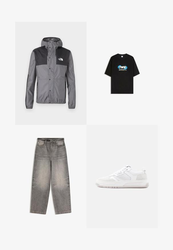 Waterdichte jas in grijs met zwarte accenten, voorzien van een capuchon, drukknoopsluitingen en een verstelbare zoom, gemaakt van lichtgewicht stof.; Zwart T-shirt met korte mouwen met blauw-wit "TWN" logo en tekst "Vriendelijke herinnering dat vrede niet het ontbreken van geluid is" op de borst.; Grijze denim jeans met hoge taille, wijde pijpen, knoop- en ritssluiting aan de voorkant, riemlussen en een ontwerp met vijf zakken.; Witte lage sneaker met geperforeerde zijpanelen, veterontwerp, gebrandmerkt met "ICEBERG" op de zool en zijkant, en suède accenten.