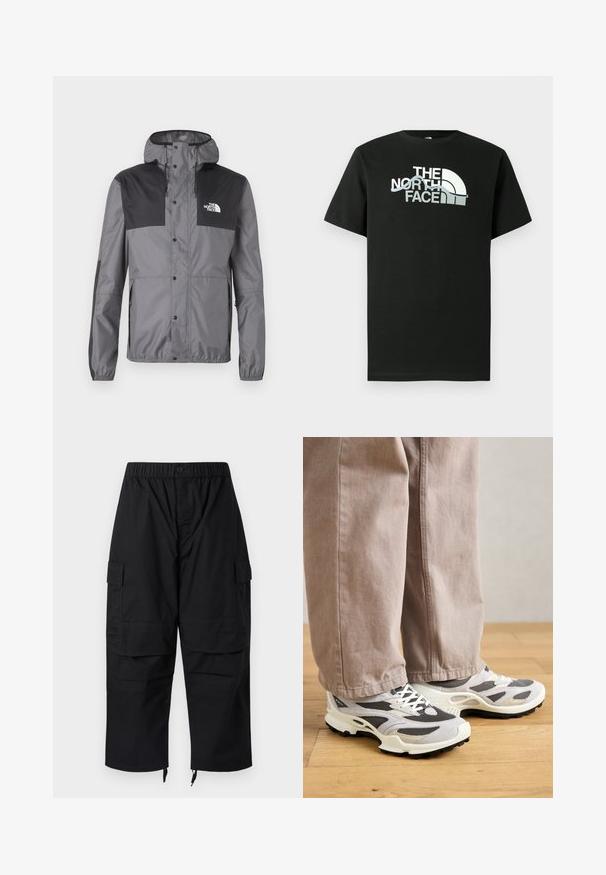 Vandafvisende jakke i grå med sorte accenter, der har hætte, trykknapper og en justerbar kant, lavet af letvægtsstof.; Sort T-shirt lavet af bomuld med et trykt logodesign i hvid og grå, korte ærmer og rund hals.; Sorte cargobukser med elastisk talje, flere lommer og lynlåse ved anklerne, med et afslappet, løstsiddende design.; En person iført beige bredbukser og grå-hvide sportsko står på et trægulv.