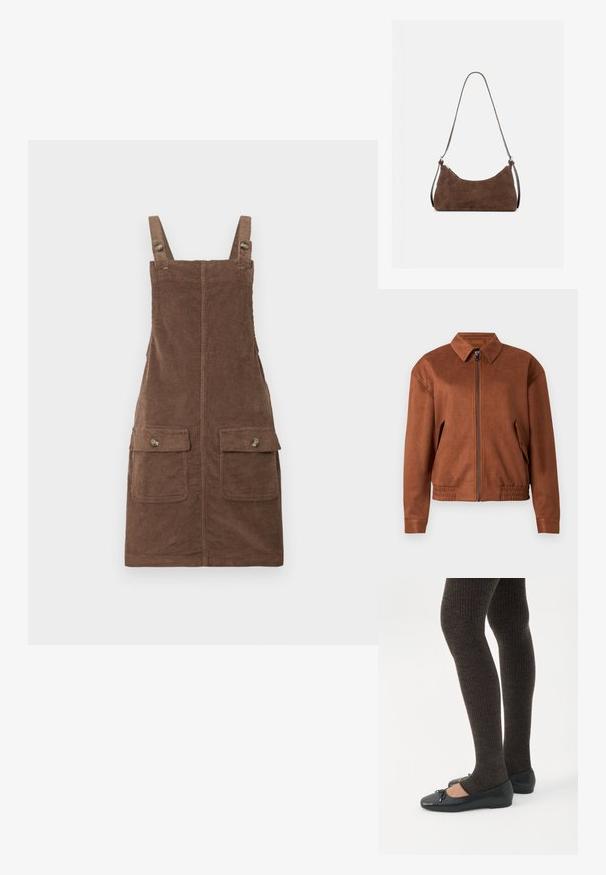 Veste zippée en daim marron avec un col, des manches longues, un ourlet élastique et des poches à rabat de chaque côté sur un fond blanc.; Robe salopette en velours côtelé marron avec bretelles réglables, deux poches avant et une couture centrale. Tissu texturé au toucher doux.; Jambes portant des leggings côtelés foncés associés à des ballerines noires avec de petits détails en nœud sur fond blanc.; Sac à épaule en daim marron avec une fermeture éclair incurvée en haut et une fine bandoulière réglable, présenté sur un fond clair uni.