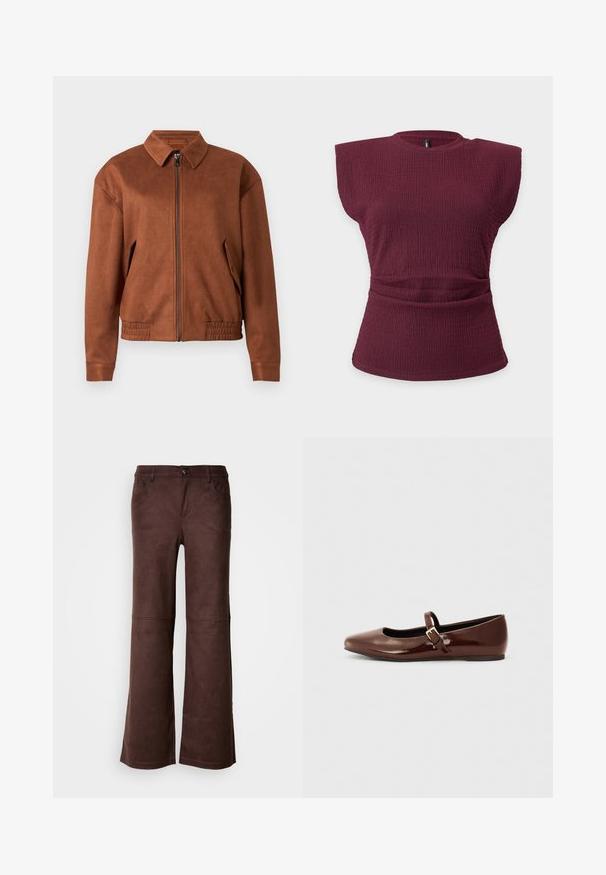 Veste zippée en daim marron avec un col, des manches longues, un ourlet élastique et des poches à rabat de chaque côté sur un fond blanc.; Haut sans manches en maille texturée bordeaux avec épaules rembourrées et détail taille froncée sur un fond clair uni.; Pantalons évasés marron en tissu doux semblable à du daim. Comprend quatre poches, une fermeture à bouton et une surface lisse et texturée.; Ballerine en cuir verni marron avec un bout carré et une lanière ornée d'une petite boucle dorée. Texture lisse, talon bas et design minimaliste.