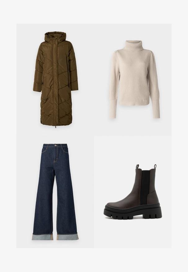 Manteau rembourré long en olive foncé avec une capuche. Dispose d'un motif matelassé diagonal, fermeture éclair à l'avant et de deux poches latérales avec zippers.; VILA Knitted Turtleneck - Pullover - feather gray; Jean en denim foncé à jambes larges avec des coutures orange, présentant une taille haute, deux poches avant et des ourlets retroussés mettant en valeur un tissu contrastant bleu clair.; Bottes de cheville en cuir marron avec des panneaux latéraux en élasthanne noir, une semelle épaisse noire, et des tirettes à l'arrière pour un enfilage facile.