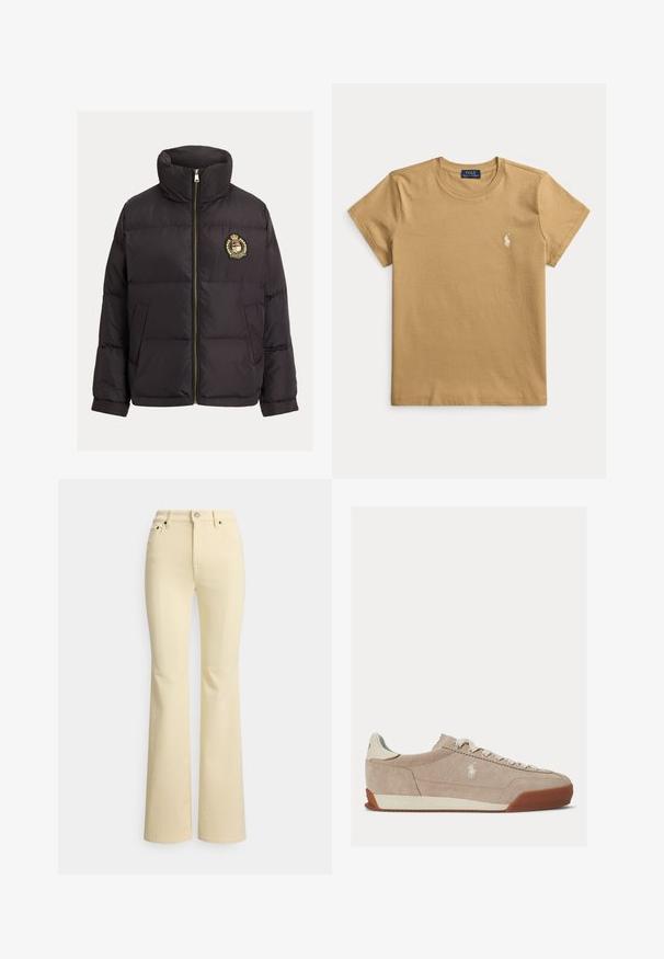 Chaqueta acolchada negra con cuello alto, cremallera dorada, logo bordado en el pecho y diseño acolchado estructurado con bolsillos laterales.; Camiseta Polo Ralph Lauren beige de manga corta con cuello redondo y pequeño logo blanco bordado en el pecho izquierdo.; Vaqueros acampanados amarillos de algodón, con cintura alta, cremallera con cierre de botón y diseño tradicional de cinco bolsillos.; Zapatilla baja de ante beige con cordones blancos, logo blanco en el lateral y suela de goma marrón.