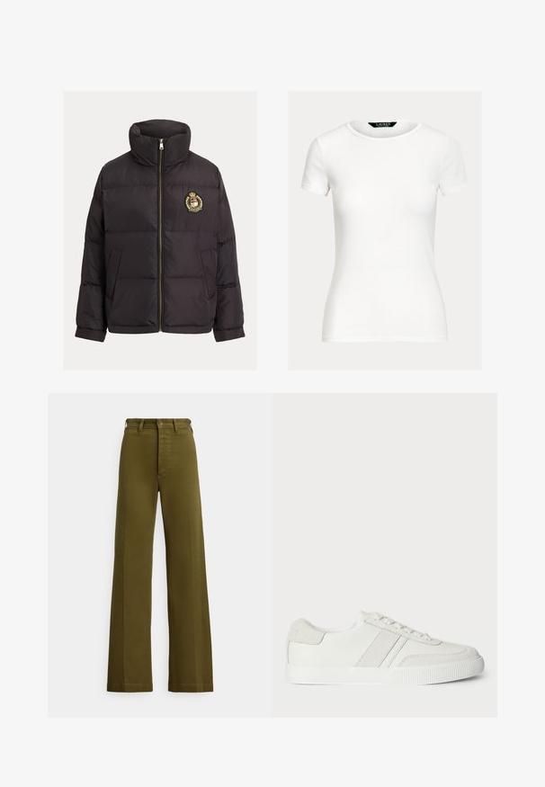 Chaqueta acolchada negra con cuello alto, cremallera dorada, logo bordado en el pecho y diseño acolchado estructurado con bolsillos laterales.; Camiseta blanca lisa y ajustada de manga corta con cuello redondo y etiqueta de Lauren Ralph Lauren en el interior del cuello.; Pantalones de pierna ancha en color caqui, hechos de tela de algodón. Presentan una cintura alta, cierre frontal con botones y piernas rectas de longitud completa.; Zapatilla blanca con parte superior de cuero liso, acentos de ante y cordones planos. Presenta una suela de goma texturizada y un diseño minimalista.