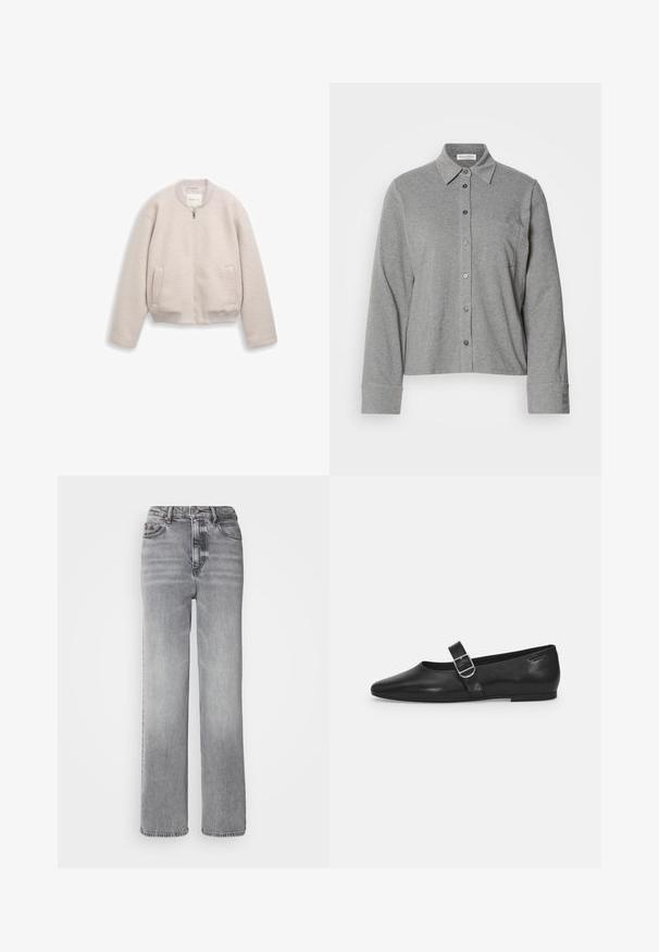 Veste beige clair zippée avec col, poignets et ourlet côtelés, dotée de deux poches devant et d'un tissu doux et texturé.; Chemise grise à boutons en tissu doux, avec un col, des manches longues, une poche poitrine et un poignet boutonné avec un détail de logo.; Jeans taille haute gris avec un design à jambe droite, une légère décoloration et un style classique à cinq poches avec fermeture à bouton en métal.; Chaussure plate en cuir noir avec un bout arrondi, une seule sangle réglable à boucle et une texture lisse et brillante. Design minimaliste avec un petit talon.