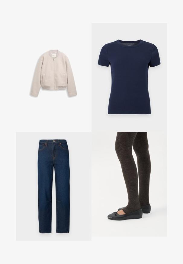 Veste beige clair zippée avec col, poignets et ourlet côtelés, dotée de deux poches devant et d'un tissu doux et texturé.; T-shirt à manches courtes en maille côtelée bleu marine avec encolure ronde et silhouette ajustée sur fond blanc.; Jean en denim bleu foncé, coupe droite, avec cinq poches et détails de surpiqûres contrastantes. Sans ornements.; Jambes portant des leggings côtelés foncés associés à des ballerines noires avec de petits détails en nœud sur fond blanc.