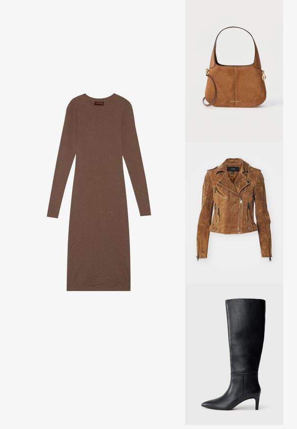 Brun suede bikerjakke med en kortet design, asymmetrisk lynlåslukning og flere lynlåslommer. Har sølvhardware og en krave.; Anna Field Jerseykjole - brown; Sorte knælange støvler lavet af glat læder, med spids tå og en middels høj hæl, med et enkelt og stilrent design.; Brun ruskinds- og læderhåndtaske med korte og lange stropper, guld Michael Kors-logo og rundt guldsmykke med logo på højre side.