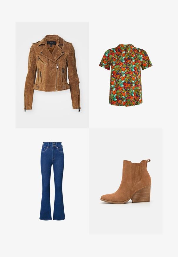 Chaqueta de motorista de ante marrón con un diseño corto, cierre de cremallera asimétrico y múltiples bolsillos con cremallera. Presenta herrajes plateados y cuello.; Camisa de manga corta con botones y un vibrante patrón de frutas y hojas en naranja, verde y azul verdoso sobre fondo oscuro.; Jeans acampanados de tiro alto en denim azul oscuro. Presenta un cierre de dos botones, bolsillos delanteros y detalles de costura sutil a lo largo de las costuras.; Botín de ante marrón con puntera puntiaguda, paneles laterales acanalados y tacón apilado. Cuenta con una solapa para ponérselo fácilmente.