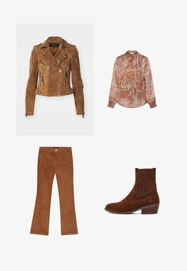 Brun suede bikerjakke med en kortet design, asymmetrisk lynlåslukning og flere lynlåslommer. Har sølvhardware og en krave.; Langærmet bluse i let, gennemsigtigt stof med et paisley-mønster i jordfarver, med knapper og en foldet krave.; Brune fløjlsbukser med udvidet ben, der har en ribbet tekstur, knaplukning foran og to baglommer.; Brune suede ankelstøvle med en spidset form, lodrette syninger og perforerede detaljer langs siderne. Indeholder en lav, stablet hæl.