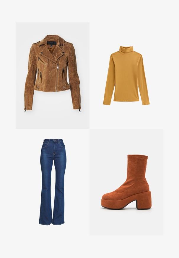 Brun suede bikerjakke med en kortet design, asymmetrisk lynlåslukning og flere lynlåslommer. Har sølvhardware og en krave.; Sennepsgul turtleneck top af ribstrikket stof med lange ærmer og en tætsiddende pasform. Glat tekstur med høj hals.; Højtaljede, flared jeans i mørkeblå denim. Har kontrastsyninger, klassisk fem-lommes design og knap-åbning.; Brune ruskind ankelstøvler med blokhæl og platformssål. Overdelen har en glat tekstur og syninger, der strækker sig til midten af læggen.