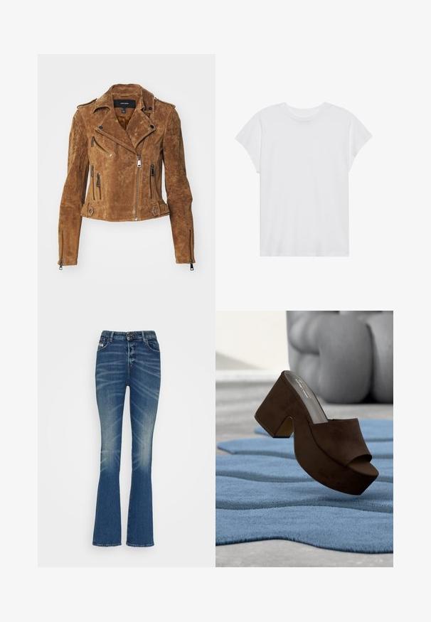 Brun suede bikerjakke med en kortet design, asymmetrisk lynlåslukning og flere lynlåslommer. Har sølvhardware og en krave.; Hvid kortærmet t-shirt med rund hals, afslappet pasform, lavet af blødt bomuldsstof. Glat tekstur, ingen mønstre eller logoer.; Flared denim jeans i mellemblå vask med slidser. Har en knaplukning, fem lommer og en klassisk, tætsiddende silhuet.; Brun ruskind platform mule sko vist på et tekstureret blåt tæppe med en grå abstrakt skulptur i baggrunden.