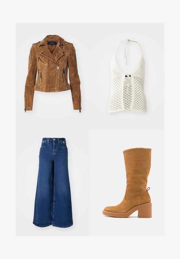 Brun suede bikerjakke med en kortet design, asymmetrisk lynlåslukning og flere lynlåslommer. Har sølvhardware og en krave.; Hvid hæklede halterneck-top med et åbent design, justerbare halsbånd og en frontknaplukning med en solid underlag for støtte.; Bredde ben jeans i mørkeblå denim, der har høj talje, frontlukning med knap og to forlommer. Glat tekstur med minimal syning.; Høj, tan suede ankelstøvle med blokhæl, rund tå, side-stikninger og trækflig bagpå. Glat tekstur og klassisk design.