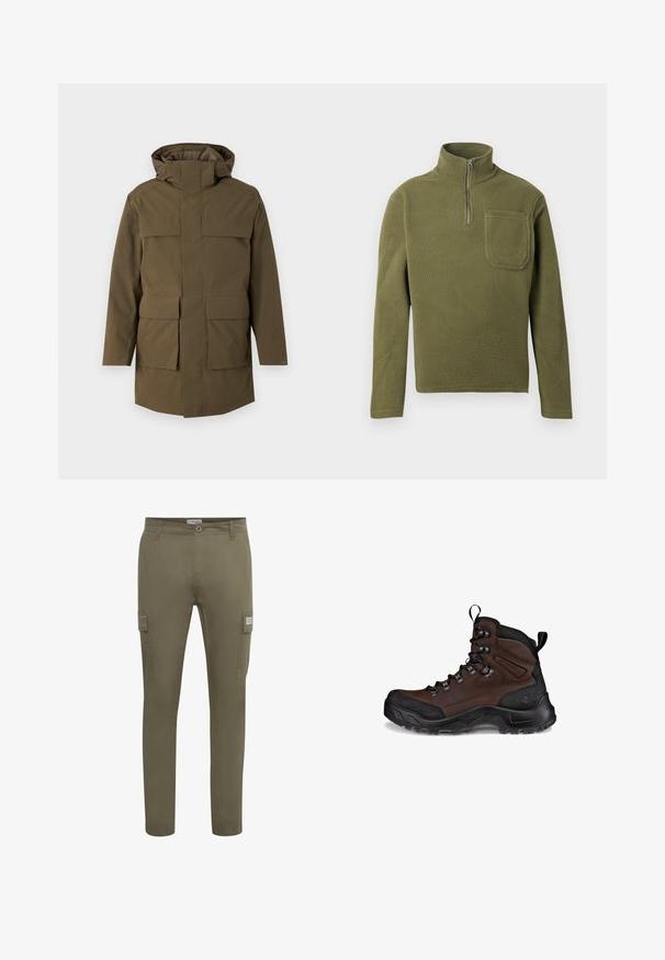 Oliven grøn parka med hætte, der har to store frontlommer og lynlås. Lavet af struktureret, holdbart stof. Lige snit design.; Oliven grøn fleece-pullover med halvlukket krave, lange ærmer og en brystlomme. Blød tekstur med et holdbart design.; Olivenfarvede cargo bukser lavet af letvægtsstof, med lige pasform, sidelommer og elastiske manchetter ved anklerne.; Brun vandresko med et struktureret læderoverdel, sort gummitåhætte, forstærkede snørrebukser og en robust sål til godt greb.