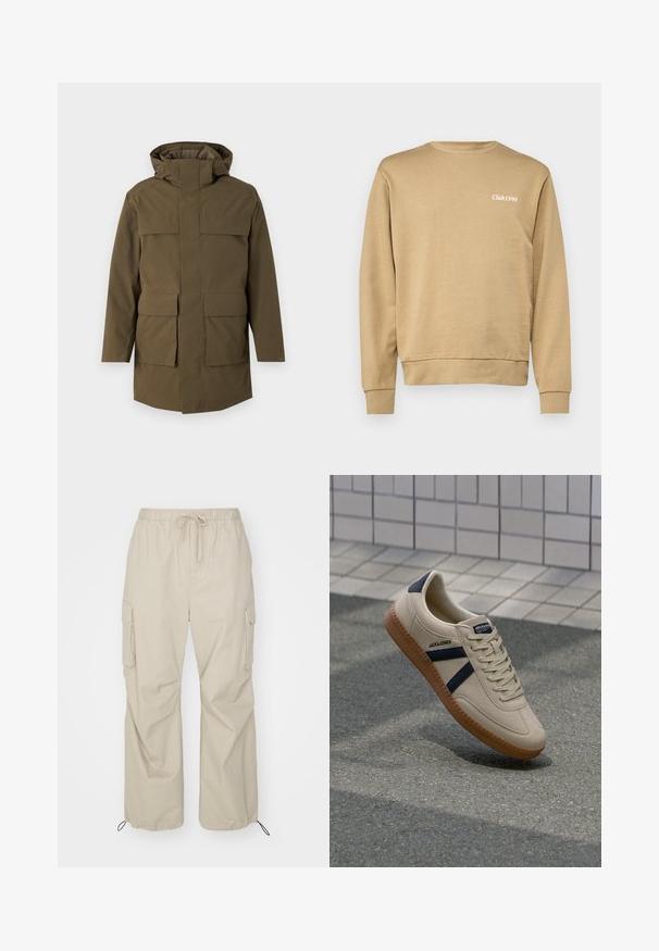 Olivengroene parka met een capuchon, voorzien van twee grote voorzakken en een rits sluiting. Gemaakt van gestructureerde, duurzame stof. Rechte snit.; Beige sweatshirt met geribde ronde hals en manchetten, met subtiele "Club1990" tekst in het wit op de linker borst. Soepele textuur.; Only & Sons ONSKAZI LOOSE PARACHUTE PANT - Cargobroek - chinchilla; Beige sneaker met een textuurafwerking, marineblauwe strepen en een rubberen zool. Heeft een gevoerde tong en een traditioneel vetersysteem voor een veilige pasvorm.