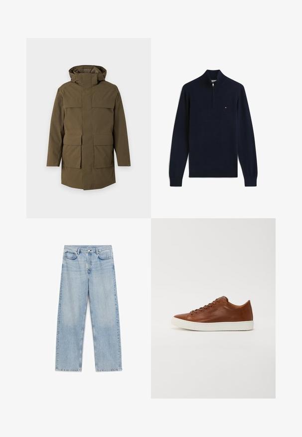 Parka verde oliva con capucha, que cuenta con dos grandes bolsillos delanteros y cierre de cremallera. Confeccionada en un tejido texturizado y duradero. Diseño de corte recto.; Jersey azul marino de manga larga con cuello con cremallera hasta un cuarto y pequeño logo rojo, blanco y azul en el pecho izquierdo.; Vaqueros azul claro de corte recto, con bolsillos delanteros y traseros, trabillas para cinturón y cierre de botón y cremallera.; Zapatilla de cuero marrón con punta redondeada, suela de goma blanca y líneas limpias. Cuenta con un cierre con cordones y un sutil logo en el lateral.