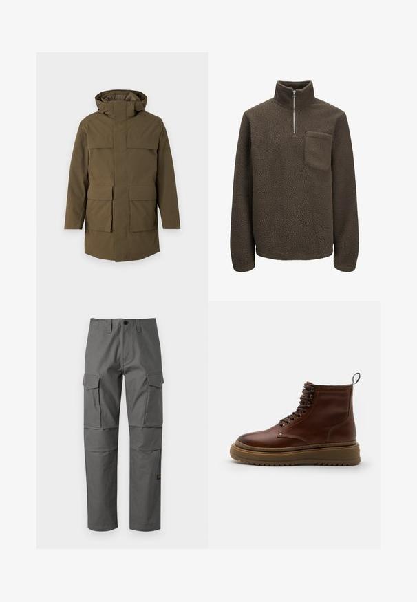 Oliven grøn parka med hætte, der har to store frontlommer og lynlås. Lavet af struktureret, holdbart stof. Lige snit design.; Brun fleece pullover med høj krave, halv lynlås og brystlomme. Blød tekstur og afslappet pasform med lange ærmer.; Grå cargo bukser lavet af slidstærkt stof, med lige ben design, flere sidelommer og synlige søm detaljer.; Brun læder ankelstøvle med rund tå, snørebåndsfront, polstret krave og tyk gummisål med rillemønster.
