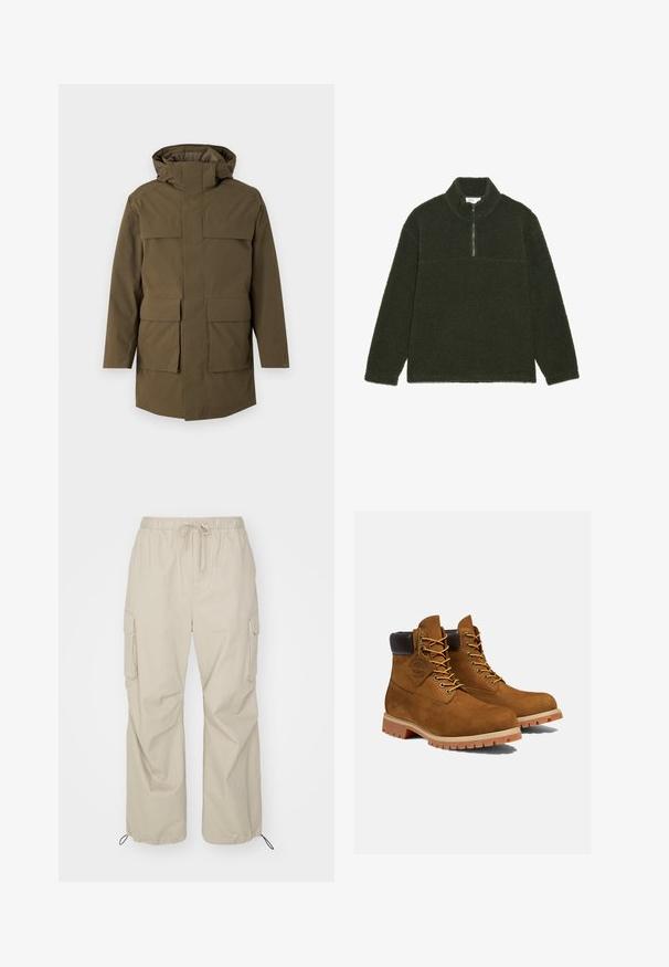 Oliven grøn parka med hætte, der har to store frontlommer og lynlås. Lavet af struktureret, holdbart stof. Lige snit design.; Mørkegrøn fleece-pullover med høj krave, halv lynlås og en tekstureret overflade. Har en glat panel over brystet.; Only & Sons ONSKAZI LOOSE PARACHUTE PANT - Cargobukser - chinchilla; Brune ruskinds ankelstøvler med en polstret sort krave, gyldne snørehuller og en tyk gummisål med en mønster, der giver godt greb.