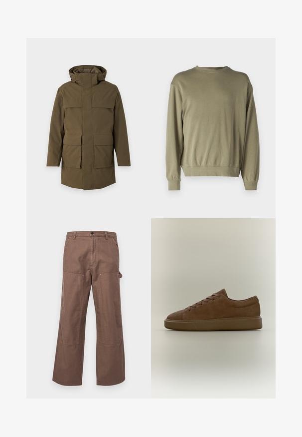 Parka verde oliva con capucha, que cuenta con dos grandes bolsillos delanteros y cierre de cremallera. Confeccionada en un tejido texturizado y duradero. Diseño de corte recto.; Sudadera de manga larga en verde oliva, hecha de una suave mezcla de algodón. Presenta un cuello redondo y puños acanalados con un corte holgado.; Pantalones cargo de algodón marrón con un ajuste relajado, bolsillos laterales y grandes parches en las rodillas para mayor durabilidad y estilo.; Zapatilla baja de ante marrón con cordones y suela de goma gruesa, presentada en perfil lateral sobre un fondo neutro.
