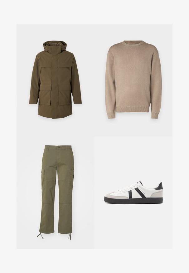 Oliven grøn parka med hætte, der har to store frontlommer og lynlås. Lavet af struktureret, holdbart stof. Lige snit design.; Beige strikket sweater med rund hals, lange ærmer og ribbede manchetter og kant; glat tekstur med et ensartet mønster.; Olivenfarvede cargo-bukser med lige ben-design, der har to sidelommer og justerbare bånd ved anklerne. Lavet af slidstærkt stof.; Hvide sneakers med sorte og grå detaljer, med en tekstureret grå tåhætte, sort gummisål og flade hvide snørebånd. Rent design, minimalistisk stil.