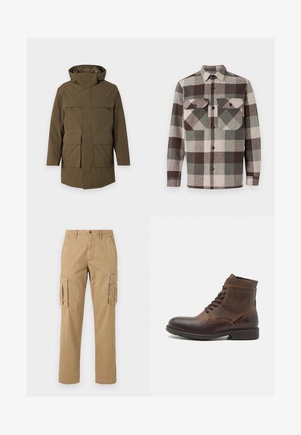 Parka vert olive avec capuche, dotée de deux grandes poches avant et d'une fermeture éclair. Fabriquée en tissu texturé et durable. Design à coupe droite.; Chemise à carreaux dans des tons marron, vert et beige. Dotée d'un col, de deux poches poitrine et d'une fermeture à boutons sur le devant. Tissu texturé.; Pantalons cargo beiges avec deux poches latérales, une fermeture par bouton, un design droit et un tissu doux et texturé.; Jack & Jones JFWDELANEY BOOT - Bottines à lacets - cognac