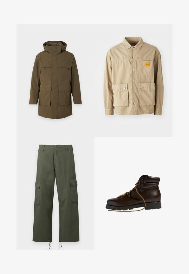 Oliven grøn parka med hætte, der har to store frontlommer og lynlås. Lavet af struktureret, holdbart stof. Lige snit design.; Replay Inc. SHIRT - Skjorter - khaki; Olivengrønne cargobukser med sidelommer med klap, knaplukning, bæltestropper og justerbare snore i de brede bukseben.; Brun læder vandrestøvle med en afrundet tå, tekstureret overflade, gule snørebånd og metaløjer. Har en robust sort gummisål.