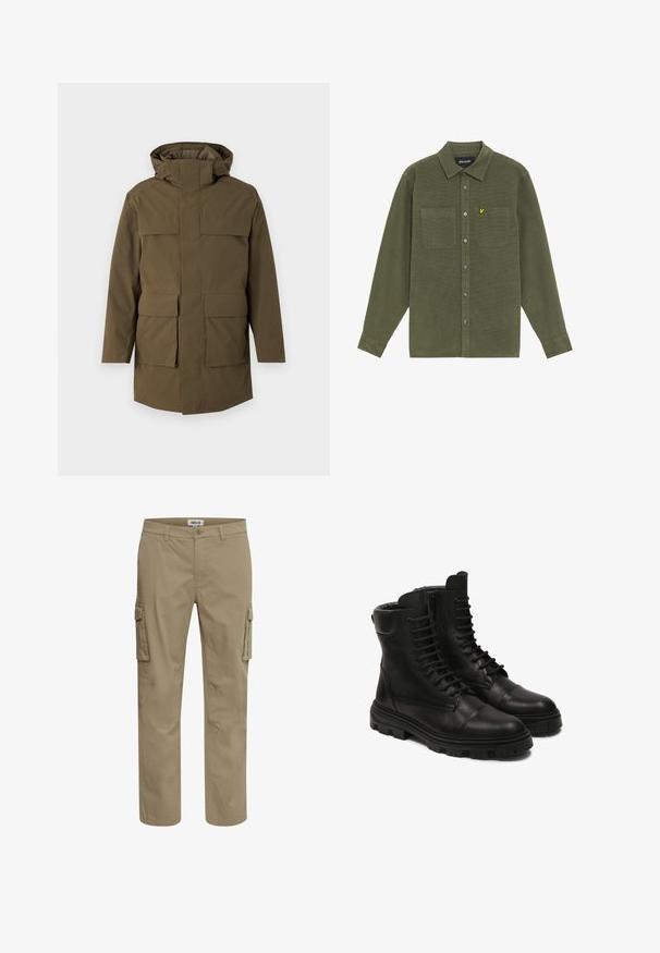 Oliven grøn parka med hætte, der har to store frontlommer og lynlås. Lavet af struktureret, holdbart stof. Lige snit design.; Langærmet olivengrøn skjorte med knapper, to brystlommer, krave og gul fuglelogo på venstre lomme.; Beige cargo bukser lavet af bomuld, med flere sidelommer, lige ben-design og en knaplukning i taljen.; Sorte læderstøvler med snørebånd, der har en sidelukning, robust sål og forstærket tåhætte. Glat tekstur og solid konstruktion.