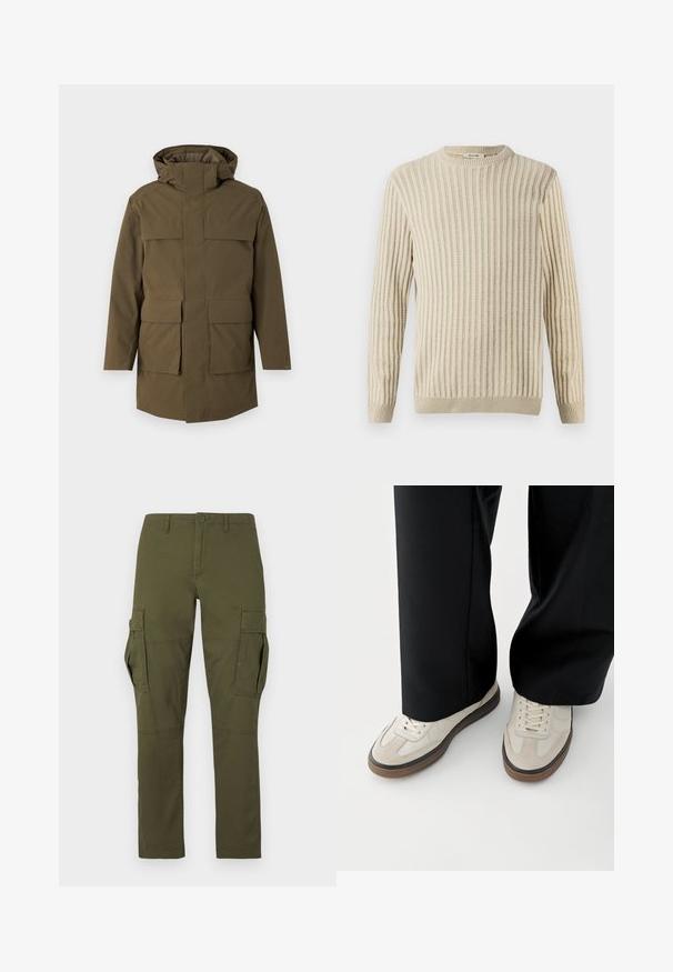 Olivengroene parka met een capuchon, voorzien van twee grote voorzakken en een rits sluiting. Gemaakt van gestructureerde, duurzame stof. Rechte snit.; Only & Sons ONSBRANT CREW KNIT - T-shirt print - beige; Groene cargobroek met meerdere zakken, waaronder twee grote zijflapzakken, knoopsluiting en riemlussen aan de tailleband.; Voeten met beige sneakers met bruine zolen en zwarte wijde broekspijpen op een witte achtergrond.