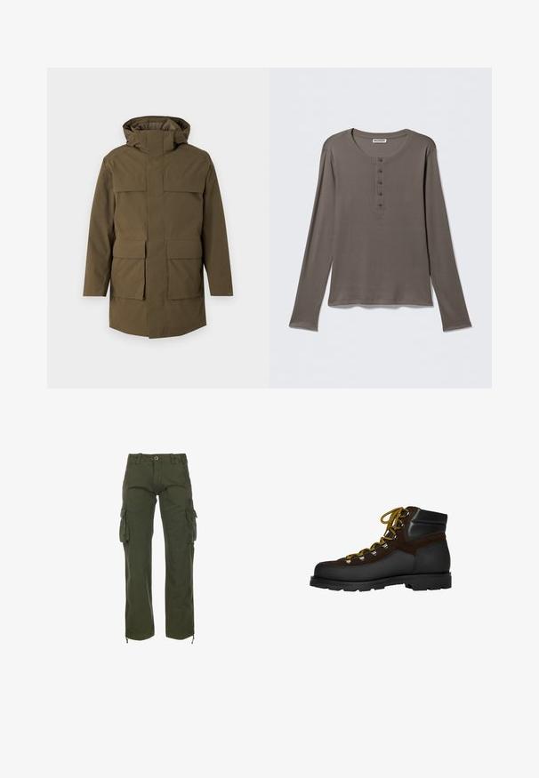 Oliven grøn parka med hætte, der har to store frontlommer og lynlås. Lavet af struktureret, holdbart stof. Lige snit design.; Grå henley-shirt med lange ærmer, fem knapper og rund halsudskæring, vist på en ensartet hvid baggrund.; Grønne cargo bukser lavet af bomuldsstof. Har flere sidelommer, knaplukning og justerbare ankelbånd. Casual, løstsiddende pasform.; Brun ruskind og sort læder vandrestøvle med gule snørebånd, metaløjer og en robust sort sål. Mellemhøj design for støtte.