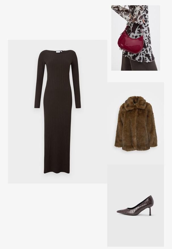 Brun faux fur frakke med høj krave, struktureret overflade og et løst fit. Har en fuld front og ingen synlige lukninger.; Lang, figursyet ribstrikket kjole i mørkebrun med lange ærmer og bådhalset udskæring. Glat tekstur med gulvlængde design.; Brune kunstlæder stiletter med spidse tæer og krokodilletekstur, der har en slank, vinklet hæl og en glat inderside.; Kvinde iført en sort- og hvidmønstret bluse, der holder en blank rød skuldertaske mod en ensfarvet baggrund.