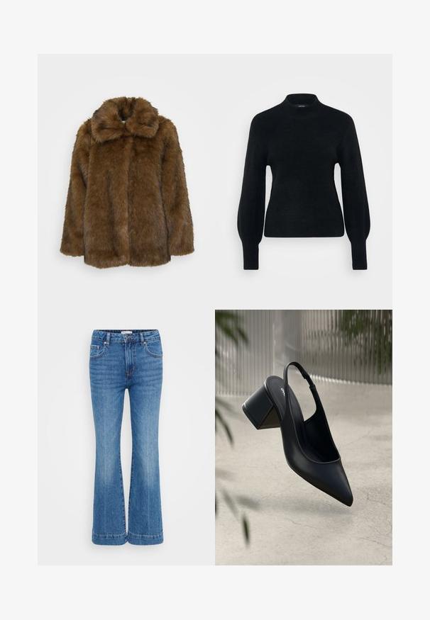 Brun faux fur frakke med høj krave, struktureret overflade og et løst fit. Har en fuld front og ingen synlige lukninger.; Vero Moda Petite VMPIPPA HIGHNECK - Striktrøje - black; Bredde blå denim jeans med høj talje, subtilt slid på fronten, fem-lomme design og kontrasterende syninger langs sømmene.; Sort læder slingback hæl med spids tå og blokhæl. Glat tekstur, minimalistisk design og justerbar ankelrem.