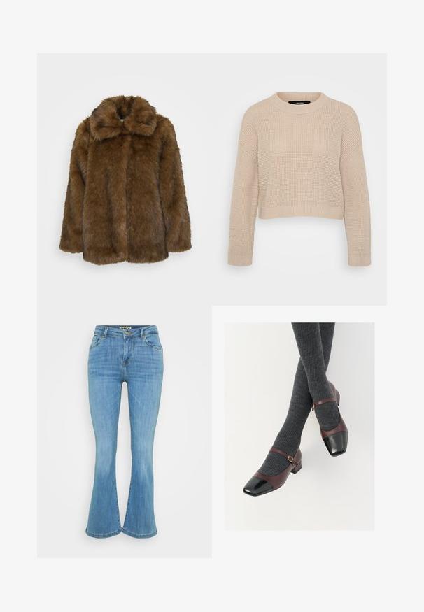 Brun faux fur frakke med høj krave, struktureret overflade og et løst fit. Har en fuld front og ingen synlige lukninger.; Beige striktrøje med rund halsudskæring, drop shoulder-design og ribbede kanter. Struktureret stof og cropped længde.; Lyseblå denim flared jeans med frontknaplukning, femlomme-design og stivet kant, med en let falmet finish.; Burgunderrøde læder Mary Jane-sko med en sort laktoej og tynd ankelrem; båret med mørkegrå ribbede strømper. Lav blokhæl.
