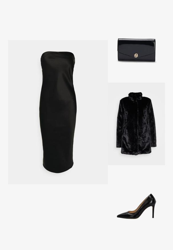 Zwarte nepbontjas met een hoge kraag, zachte textuur, lange mouwen en een open voorkant. Geen zichtbare sluitingen.; Gina Tricot TUBE MIDI DRESS - Cocktailjurk - black; Zwarte lakleren pumps met een puntige neus, een smalle naaldhak en een beige binnenvoering op een witte achtergrond.; Glanzende zwarte leren clutch met een goudkleurig doorlopend B-logo op de voorflap, gesloten weergegeven tegen een witte achtergrond.