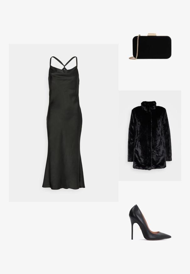 Schwarzer Kunstfellmantel mit hohem Kragen, weichem Bezug, langen Ärmeln und offenen Vorderteil. Keine sichtbaren Verschlüsse.; Jarlo Petite BIBI - Cocktailkleid/festliches Kleid - black; Schwarze Leder-Pumps mit hohem Absatz, spitzer Schuhspitze, schlankem Stiletto-Absatz und geschwungenem Ausschnitt. Glatte Textur und goldener Akzent nahe dem Absatz.; Schwarze Samt-Clutch mit goldfarbener Hardware, rechteckiger Form und Kettenriemen, mit glatter Textur und ohne sichtbare Muster.