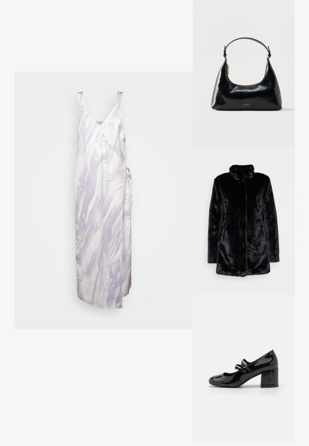 Zwarte nepbontjas met een hoge kraag, zachte textuur, lange mouwen en een open voorkant. Geen zichtbare sluitingen.; Calvin Klein SLIP DRESS - Cocktailjurk - brushstroke fade/lilac dusk; Zwarte patenten leren Mary Jane-schoen met een afgeronde neus, dubbele gespsluitingen en een chunky blokhak. Glad oppervlak met een glanzende afwerking.; Zwarte glanzende Calvin Klein handtas met gouden rits en korte band tegen een effen witte achtergrond.