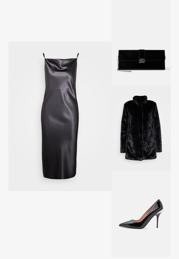 Zwarte nepbontjas met een hoge kraag, zachte textuur, lange mouwen en een open voorkant. Geen zichtbare sluitingen.; Samsøe Samsøe FREDERICKA LONG DRESS - Cocktailjurk - ombre dark; Zwarte lakleren pump met een spitse neus, een smalle stilettohak en een gouden accent bij de hielkap.; Glanzende zwarte rechthoekige clutch met zilveren kettingriem en zilveren, in elkaar verstrengelde initialen sluiting op de voorklep.